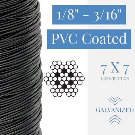 Laureola Industries 1/8" to 3/16" PVC Coated Black Color Galvanized Cable 7x7 Strand Aircraft Cable Wire Rope, 100 ft ZAG018316-77-GPB-100